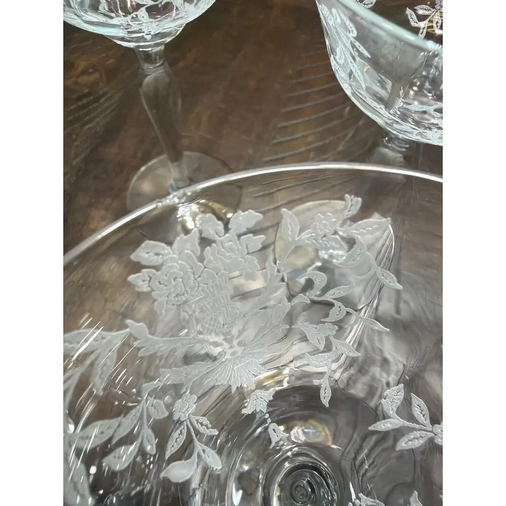 Vintage Etched Champagne Coupe Glasses Set of 7 Floral Wheat Stemware 5.75